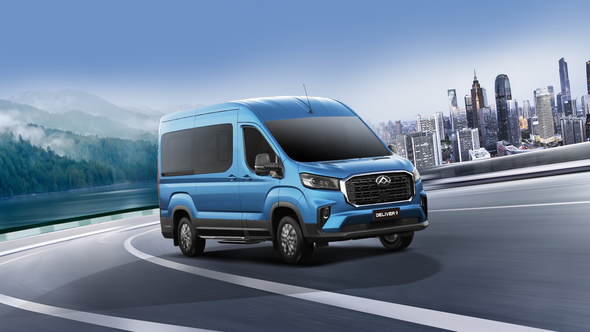 MAXUS Deliver 9 large commercial van — three-quarter front view showing the full body profile