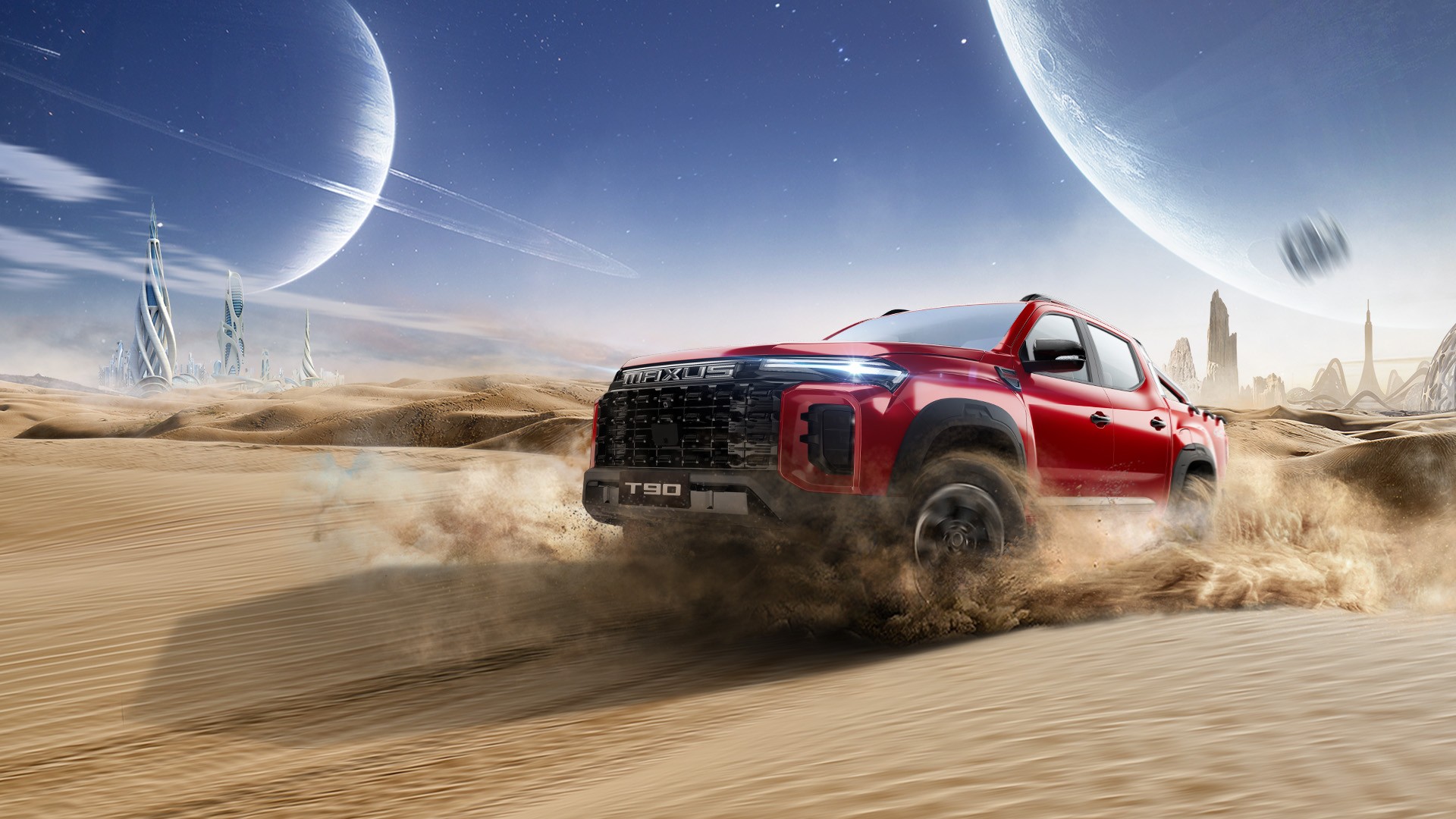 MAXUS T90 premium pickup truck — three-quarter front view showing the full body profile